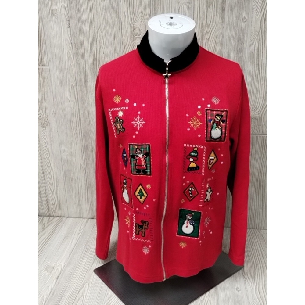 MOVING BLEU Black/Red Velvet Collar Sweater Ladies Sz L Fun‎ Christmas Theme Zip